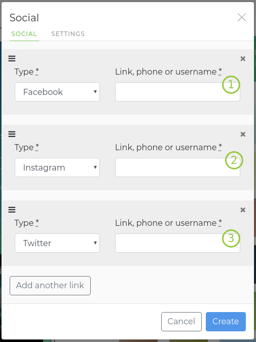 insert social media links to create icons